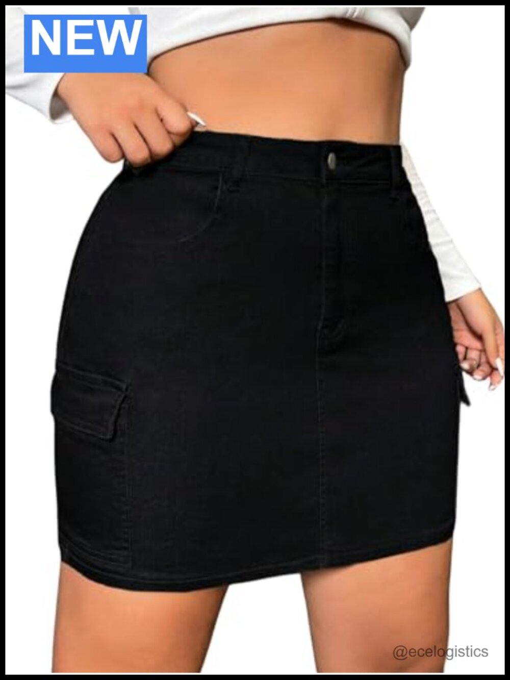 Plus Size High Waist Cargo Denim Skirt Flap Pockets Zipper Fly Bodycon Mini